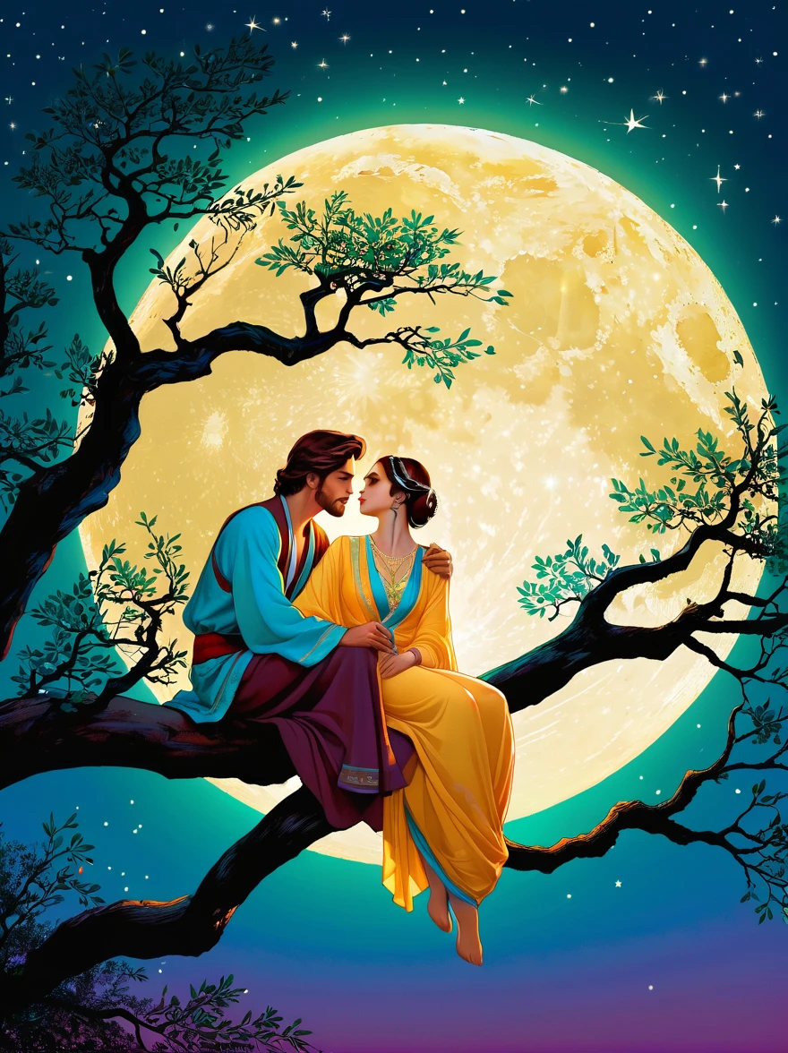 Romantic ancient style,night,Backlight,A man and a woman sitting on a tree branch,There is a big full moon behind,Alexander,Averin,Fresh colors,Soft colors,Diode light,Concept art style,Extremely complex details,Clear distinction between light and dark,Layering,Ultra HD