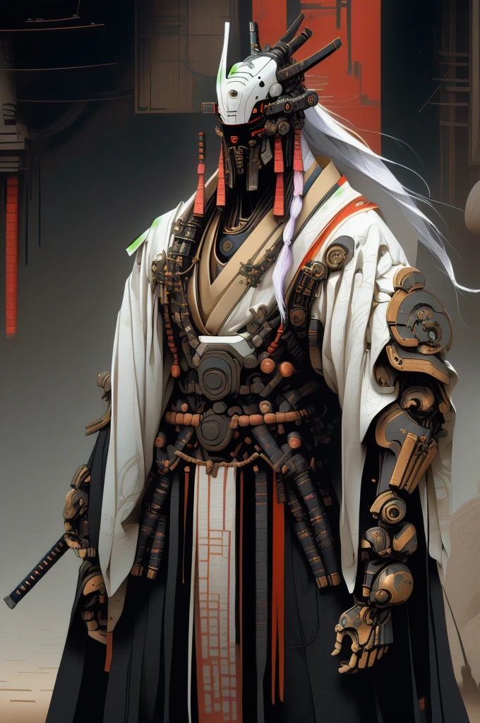 masculine male samurai, strong stature, mechanical body, futuristic kimono, cyberpunk aesthetic, long masculine braided hair, high fantasy environment, feudal Japan, high-tech Zen Garden, futuristic samurai armor, high quality, drawn anime style, perfect anatomy, turning at an angle,