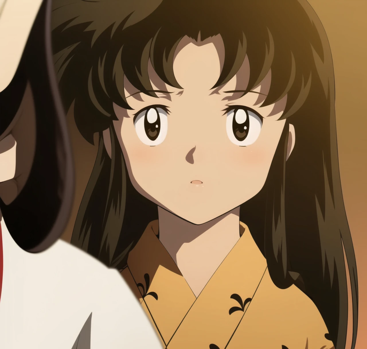 A beautiful girl in a yellow kimono, a beautiful bangs, carry some arrows, is called ((kaede)) Kikyo&#39;s sister