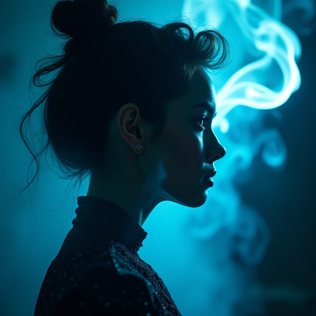 side view Psychobilly fashion , a girl A majestic work of art, a commissioned woman, intricately detailed, with an intense, piercing gaze emanating from her singular, striking eye, set against a backdrop of ethereal, swirling blue smoke that appears to shift and undulate as if alive, illuminated by a cinematic lighting scheme that casts dramatic, high-contrast shadows and highlights, evoking a sense of mystery and the otherworldly, with each element expertly rendered in exquisite, high-definition detail, exuding a sense of artistic mastery and visual sophistication.