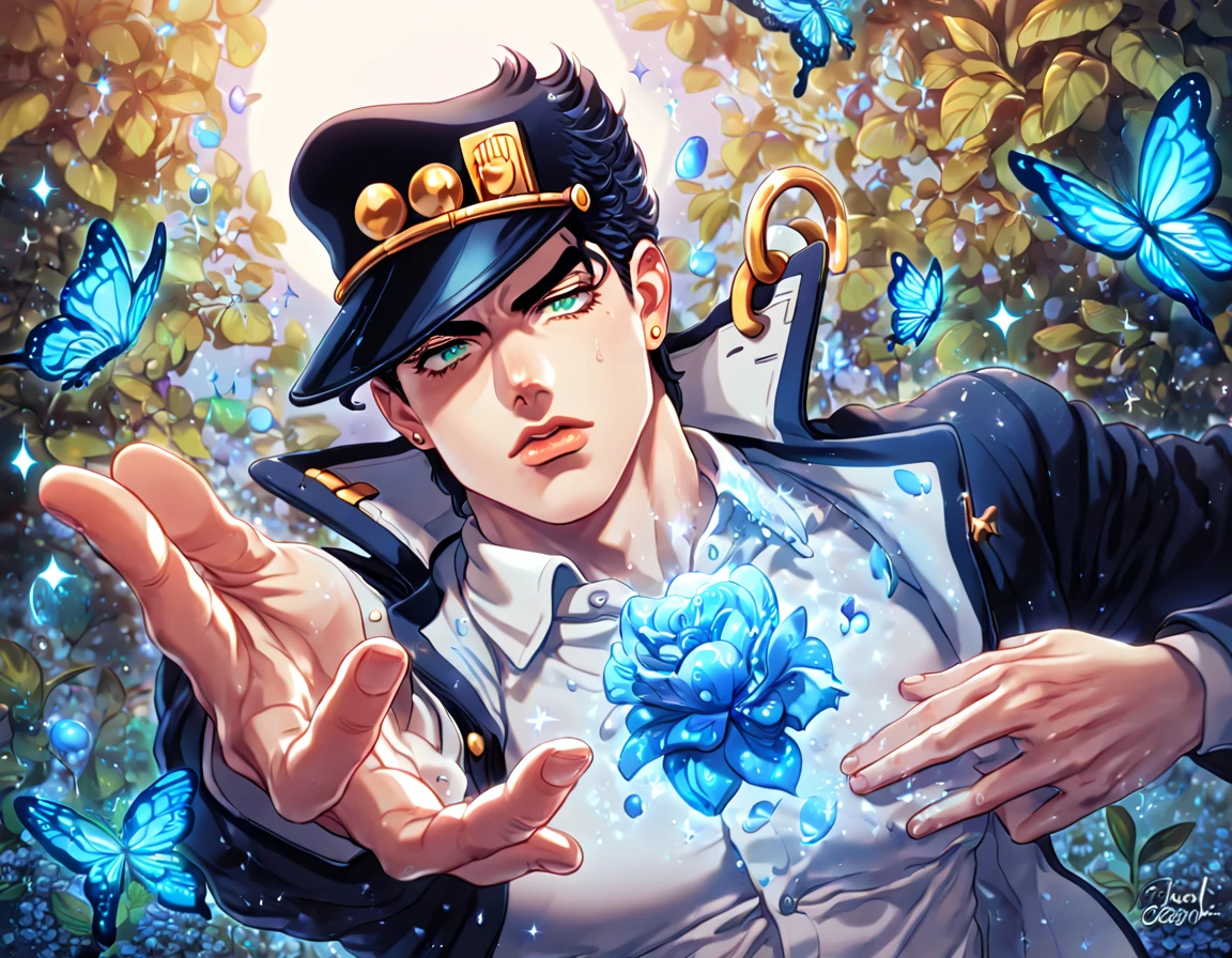 absurdres, highres, ultra detailed, HDR, master piece, best quality, extremely detailed, Jotaro Kujo, black hair, expressive green eyes, Jojo Bizarre Adventure, solo, sexy man, handsome, sensual, horny, black coat, white shirt, black hat, fantasy, magic, sparkling, water, blue moon, blue flowers, blue butterflies, blue petals, garden