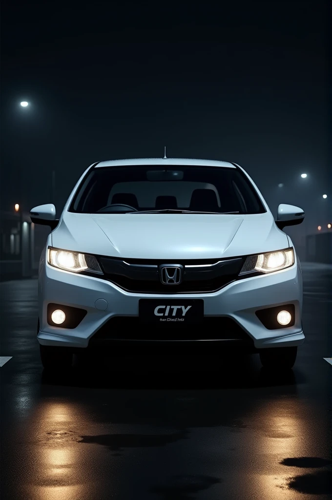 Create a command to generate 3D images of a white Honda City 2013 car from the front with lights on, all black and angry front in one night