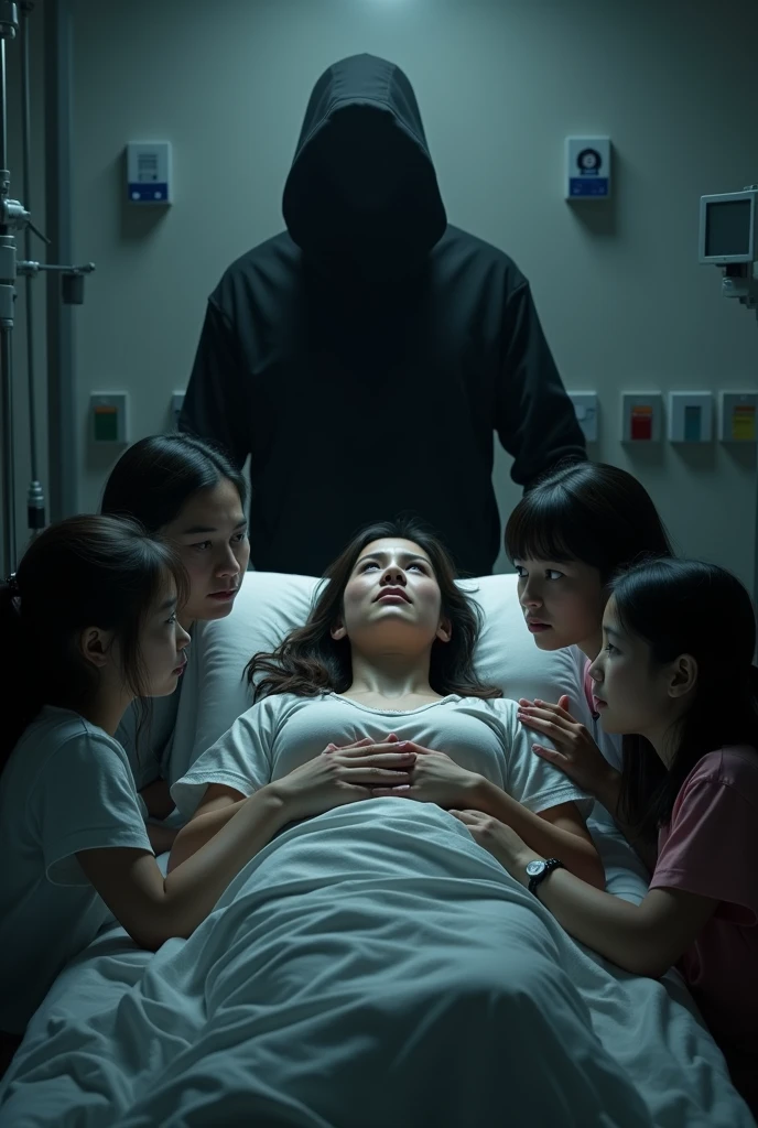 Create a photo of a woman lying on a hospital gurney looking at her family as they cry a lot holding her hand, add a man in black coming out of the shadows of the hospital room