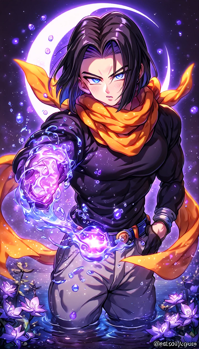 absurdres, highres, ultra detailed, HDR, master piece, Android 17, black hair, expressive blue eyes, orange scarf, black shirt, black gloves, Dragon Ball Super, sexy man, handsome, best quality, purple glittering crescent moon, purple flowers, fantasy, magical, solo, water, purple shining fireflies, purple petals, sensual, horny, purple fire,
