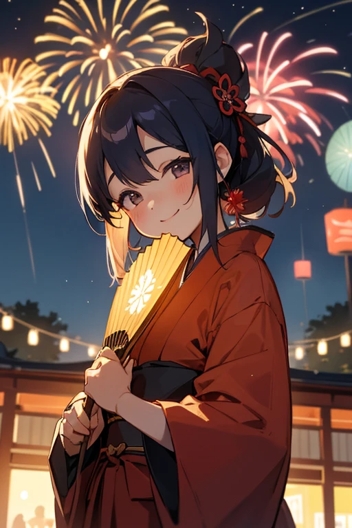 Japanese Summer Festivals A girl in a yukata is smiling on the street. Fireworks are in the sky behind her. There are many food stalls on the side of the road The girl is holding a fan Starry Sky