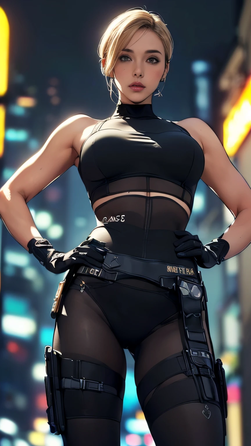 (A woman),(((Future female police officer standing))),((Black Tactical Tights:1.5)),((Camel toe:1.5)),((earphone:1.5)),((Tactical Holster:1.5)),(Gloves:1.5),(((Hands on hips:1.5))),(front:1.5),(From below:1.2),(Super short hair:1.5),(Blonde:1.5),(beautiful eyes:1.3),(Very detailedな顔:1.5),((Very detailedな女性の手の描画:1.5)),((muscular:1.5)),(Sexy look:1.5),((Thick thighs:1.5)),(Beautiful Body:1.5),((Very sensual:1.5)),(The backdrop is a futuristic city:1.5),(Cyberpunk atmosphere:1.5),(((Blurred background:1.5))),(Written border depth:1.5),rest(((masterpiece:1.5),(best quality:1.5),(Very detailed:1.5),(high resolution:1.5),(Practical:1.5),(Practical:1.5),(Delicate depiction),(carefully drawn))),8K,wallpaper