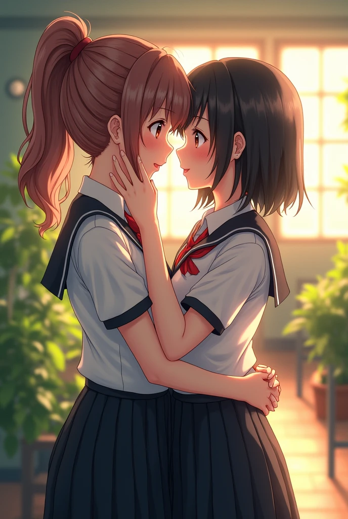 School girls with black skirts over boy's stomach kissing in anime