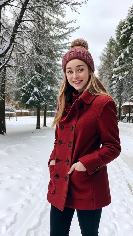 Phoebe Dynevor wearing sexy winter clothes and smiling