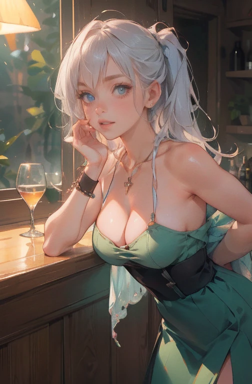 Anime Kawaii sexy Perfect Slim sensual body large breast and huge thighs, An intricate and highly detailed illustration of anime (Young girl) (work of art, best qualityer:1.2), (high resolution, 8k raw photo, photo realist, Focus Clear, weak contour:1.3), (cinematic lighting, temperamental, textile shading), ass pov, (standing alone:1.5), 1 MATURE WOMAN, 24 years old, (milf:1.5), ((NFSW:1.5, escape chest:1.3, sagging chest, big fit ass , cleavage on her breasts, sexually harass, in heat, showcasing)), ((beautiful bright eyes:1.3)), (sitting on a stool at the counter of a BAR, lying face down on the counter with your arms resting on the countertop, looking at the viewers, cocktail glass), Raised sexy, (little happy smile:1.3, embarrased), light purple mesh on silver hair, mid long hair, hair over one eye, asymmetrical hair, half tied hair, blue colored eyes, wearing sexy white dresses, long skirt with side slit, wearing a transparent green shawl around her shoulder, (Luxury detailed accessories, necklase, aretes, wristbands), bokeh, dynamic angle, leaning sideway:1.2, face up close:1.5, whole body, from low:1.2, (anatomical correct:1.6, Ideal Body Proportions Ratio, correct hand:1.5, Small hands), in one night, darkness room,