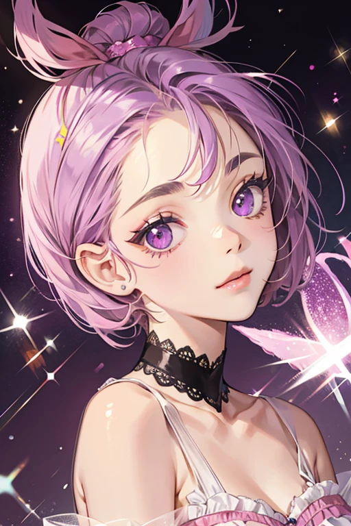 Pickle is a lilac girl pug with a dark purple spot on her right eye, short pink ears with dark purple spots, and pink cheeks. SPARKLE; GLITTER