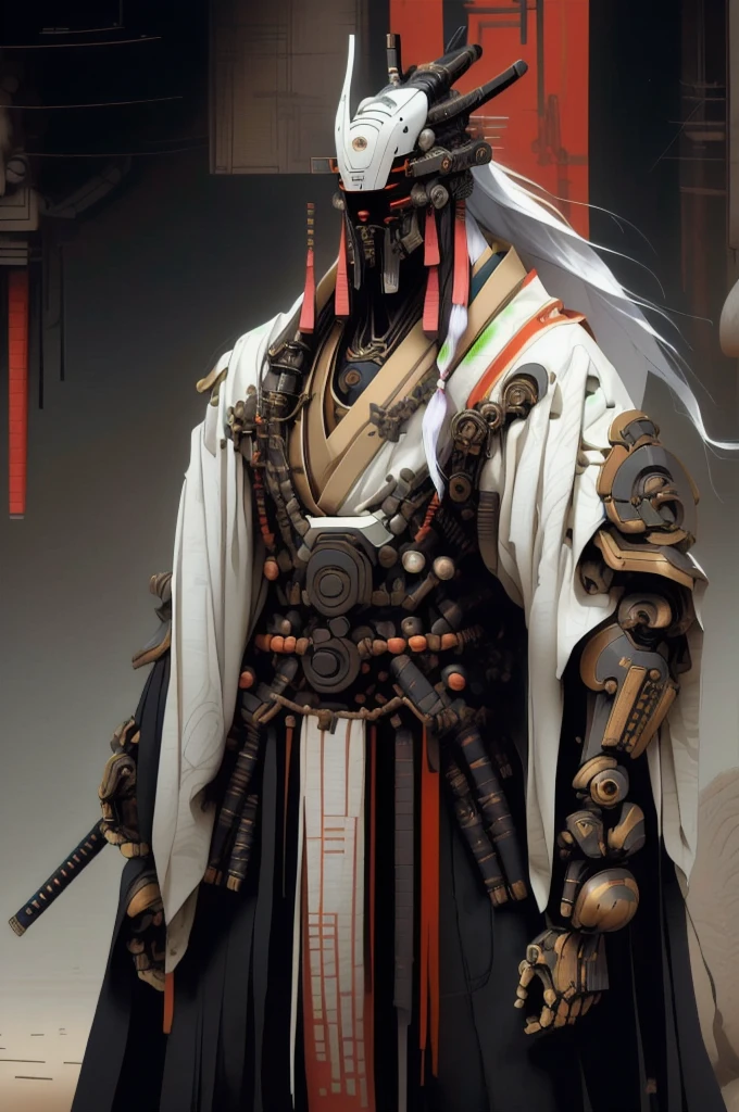 masculine male samurai, strong stature, mechanical body, futuristic kimono, cyberpunk aesthetic, long masculine braided hair, high fantasy environment, feudal Japan, high-tech Zen Garden, futuristic samurai armor, high quality, drawn anime style, perfect anatomy, turning at an angle,