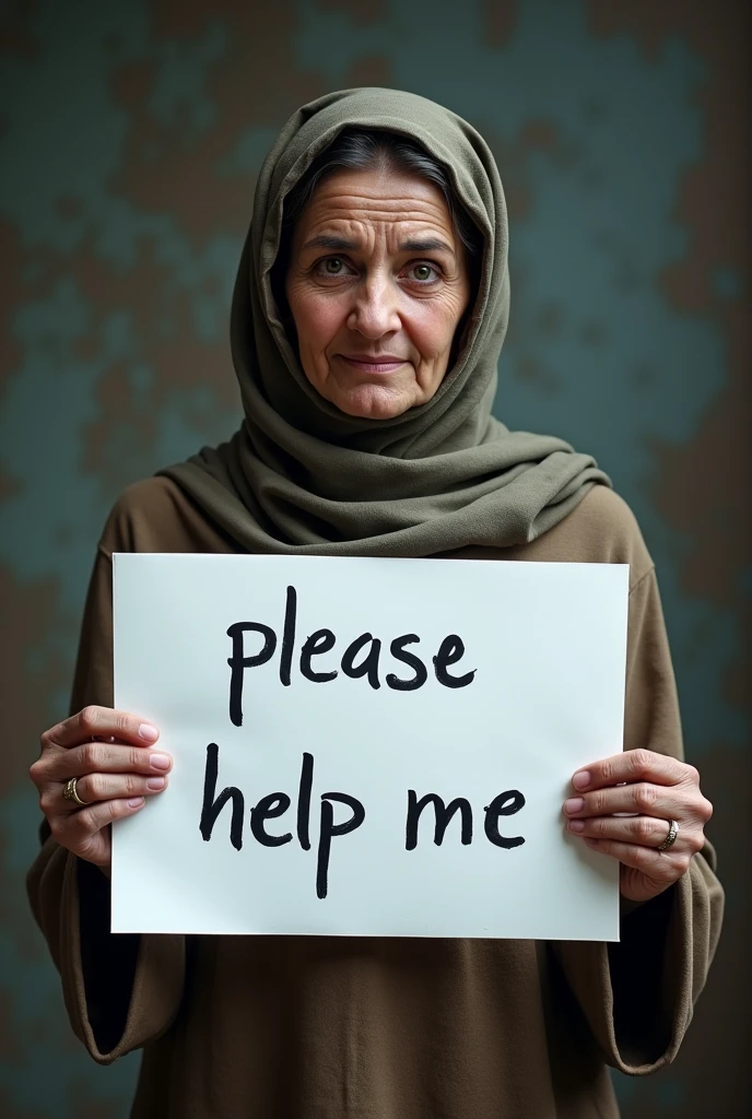 Poor muslim women, salwar suit dress, holding a white board with text "please help me” In and showing it to the viewer