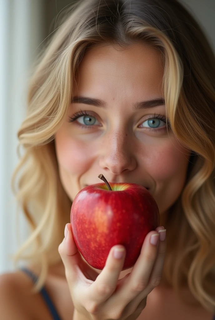 young woman、smile、Blonde、holding a red apple next to one's face、pout、Kiss the apple、Look at the audience、Upper Body、Angle from the side