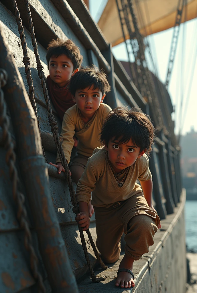 4 kids led by an Indian boy climbing up a ship looking worried