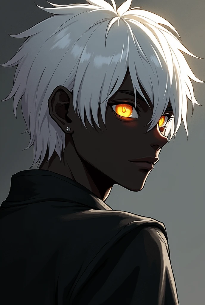 A black male character with white hair and golden pupils
