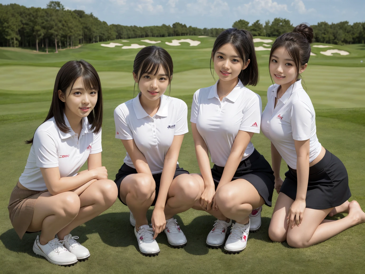 masterpiece, Highest quality, figure, Very detailed, The finer details, High resolution, 8k,wallpaper, Perfect dynamic composition,(Detailed high quality, Realistic depiction of eyes:1.3), Tight-fitting golf wear with buttons on the collar and chest, Tight golf skirt, Seraphim, Short Bob Hair, The background is an empty golf course, Deep in the field, Large Breasts, Black hair color, Big Natural Color Lip, (Perfect figure), (smile)、Harajuku Style、Three Japanese elementary school girls:1.3), Adorable expression、Expressions of happiness、10 years old、height: 145cm、Baby Face、Amazingly cute、Cute type、Beautiful feet, Idol Sculpture、(Big Breasts)