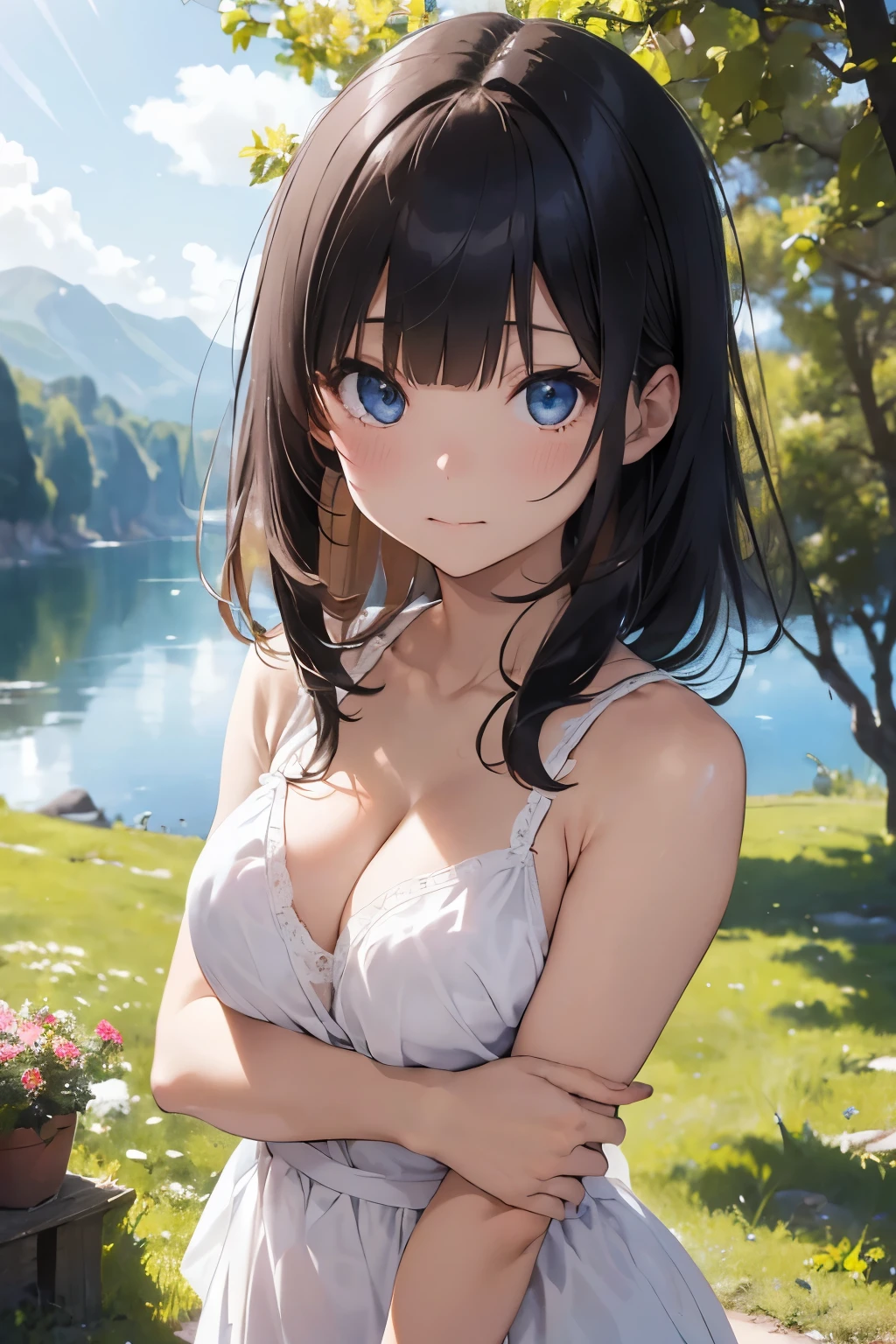 ((Top Quality)), ((Excellent)), (Details),,((Japanese)),, Black Hair,(Childish face),((Straight Hair)), shiny hair, 1 Girl ,((Small breasts)), ((Blue Eyes)),masterpiece, (half-smile), ultra realistic ,((Emphasize the cleavage)),((white chemise)), ((upper body)), ((extreme_close_up)) ,((Emphasize the cleavage)), ((Nude)), ((topless)) , best quality, Natural Light, Straight Hair,((blunt bangs)), stunning environment ,vibrant colors ,((extreme_close_up)) ,overhead shot, ((extreme_close_up)) ,((Emphasize the cleavage)), solo, Straight Hair, hair ribbon, outdoors, (Grassland), lake, Flowers, white bow ,((Small breasts)),((naked)),((white chemise)),Small Bust,Small breasts, upper body, blunt bangs,