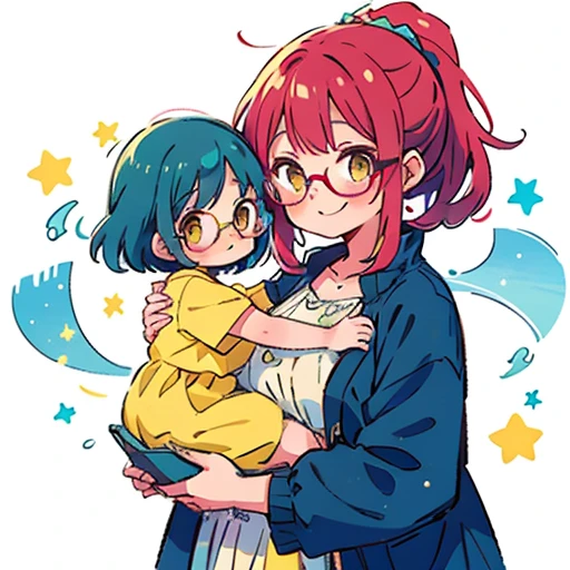 2 people , mother big, daughter small, Books, (masterpiece, highest quality),(Detailed Hair), ((mother wears glasses)), ((daughter doesn't wear glasses)), Super detailed, Anime Style, whole body, cute, whole bodyきぐるみ, red hair with ponytail mother, blue haired daughter,yellow eyes mother, pink eyes daughter,ponytail mother, short hair daughter,Digital Painting, 8K High Resolution, whole body, White Background, Dynamic pose, Dynamic composition, smile, pastel colour, stars, (motherly figure), mother and daughter, crystals, mother wears teal and yellow clothes, daughter wears white dress with blue jacket