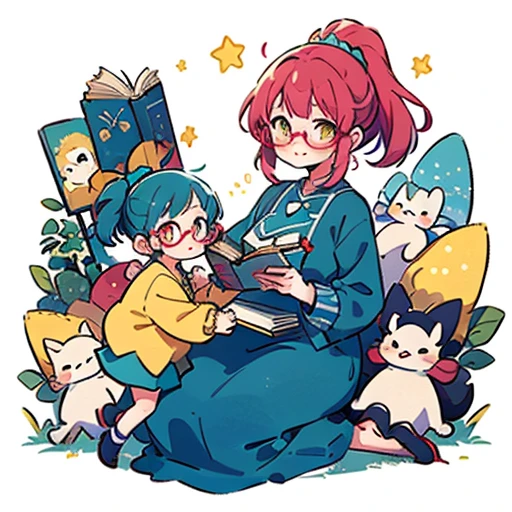 2 people , mother big, daughter small, Books, (masterpiece, highest quality),(Detailed Hair), ((mother wears glasses)), ((daughter doesn't wear glasses)), Super detailed, Anime Style, whole body, cute, whole bodyきぐるみ, red hair with ponytail mother, blue haired daughter,yellow eyes mother, pink eyes daughter,ponytail mother, short hair daughter,Digital Painting, 8K High Resolution, whole body, White Background, Dynamic pose, Dynamic composition, smile, pastel colour, stars, (motherly figure), mother and daughter, crystals, mother wears teal and yellow clothes, daughter wears white dress with blue jacket