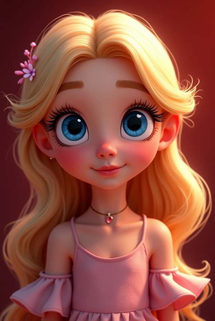 I want a Disney animation of a blonde girl with prominent blue eyes and big eyelashes.. A pink in the hair along with a dark red background.