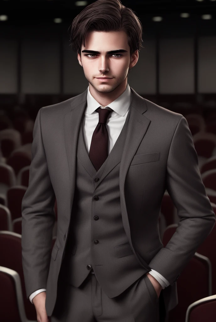 masterpiece, best quality, realistic, 1 person, mature male, a quiet and attractive young man, 25 years old, Close your eyes., serious expression, very detailed face, ((dark gray eyes)), ((Short dark brown hair swept to the right)), [thick eyebrows], detective, plain background, ((suit)), movie lights, Looking at the audience, Postural dynamics, smirk