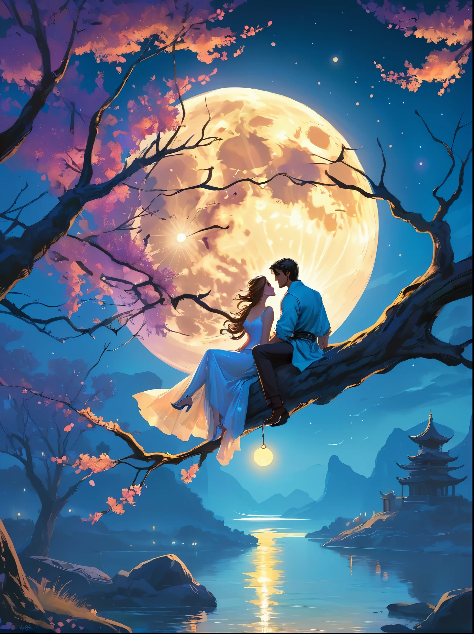 Romantic ancient style,night,Backlight,A man and a woman sitting on a tree branch,There is a big full moon behind,Alexander,Averin,Fresh colors,Soft colors,Diode light,Concept art style,Extremely complex details,Clear distinction between light and dark,Layering,Ultra HD