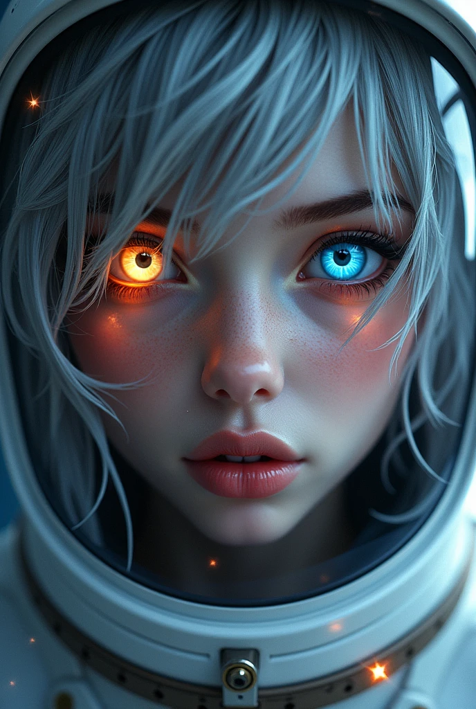 (Close-up of a better masterpiece:1.5)0.9], (Space and astronauts:1.2) (Messy silver hair:1.1) (Heterochromia xanthochromia and blue eyes:1.2) (Space Helmet:1.0) (Colored stars in the eyes:1.0) (A radiant glow:1.1) (thick lips:0.9)