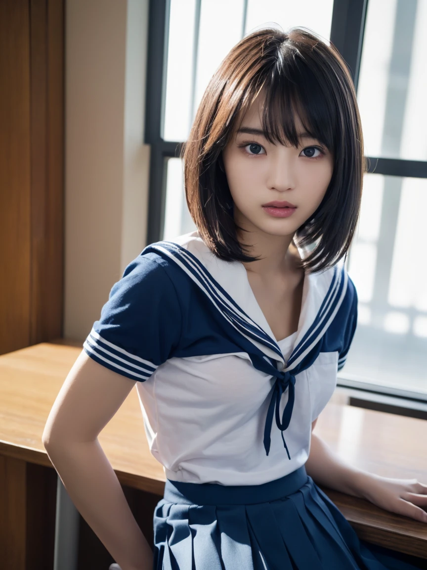 (masterpiece:1.2), Very detailed, Ultra-high resolution, (Realistic, photo Realistic:1.6), High-resolution RAW color photos, Professional photos, Sharp focus:1.2, (Very detailed顔と肌の質感, Very beautiful eyes, Glossのある肌, Glowing Skin, Glowing Skin, Shining Face, Gloss, Oily skin, greasy face, Oily skin, greasy face,),, (real Glossのある肌 texture), Perfect Anatomy, Very detailed背景,(Single Bed),((1 female)),25-year-old woman, Japanese women,height: 168cm,(short hair, Straight hair, bangs, Brown Hair),(Flat Chest:1.6),(Slim, thin legs), ((((See-through Short Sleeve White Sailor School Uniform Shape、Navy blue pleated skirt：1.5、Sexy T-panties under skirt))),(Sit at a desk)