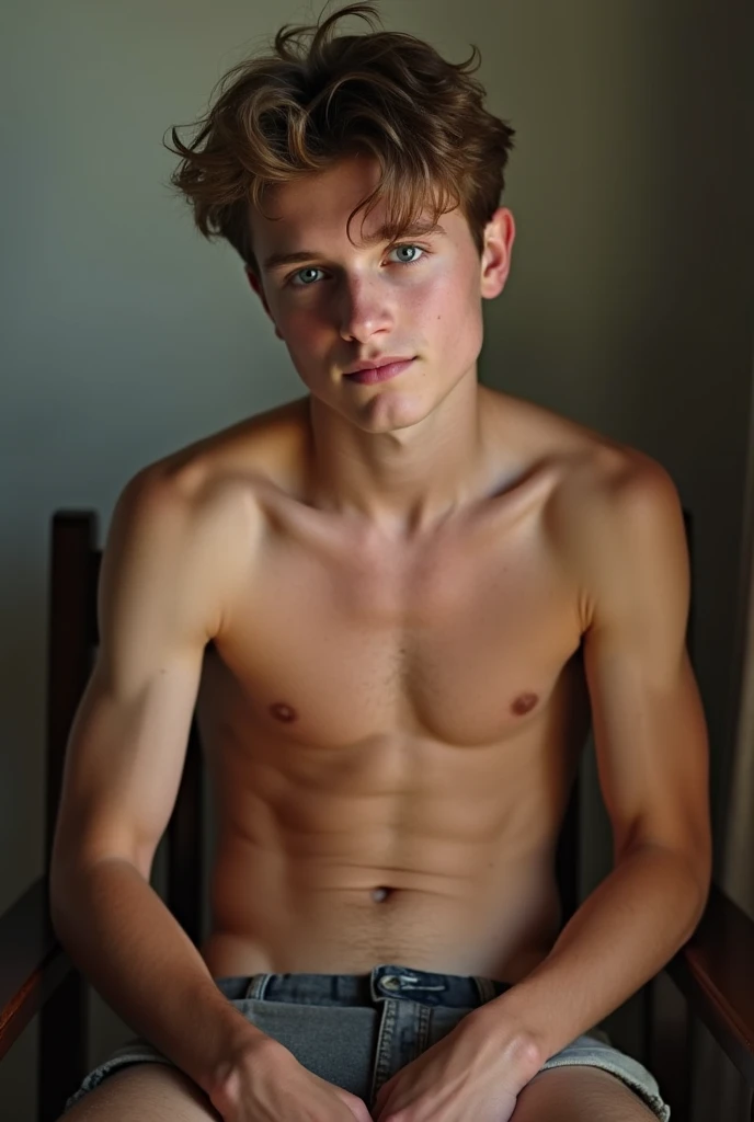 Cute boy 18 brown hair and blue eyes muscular and naked sits on a chair and masturbates