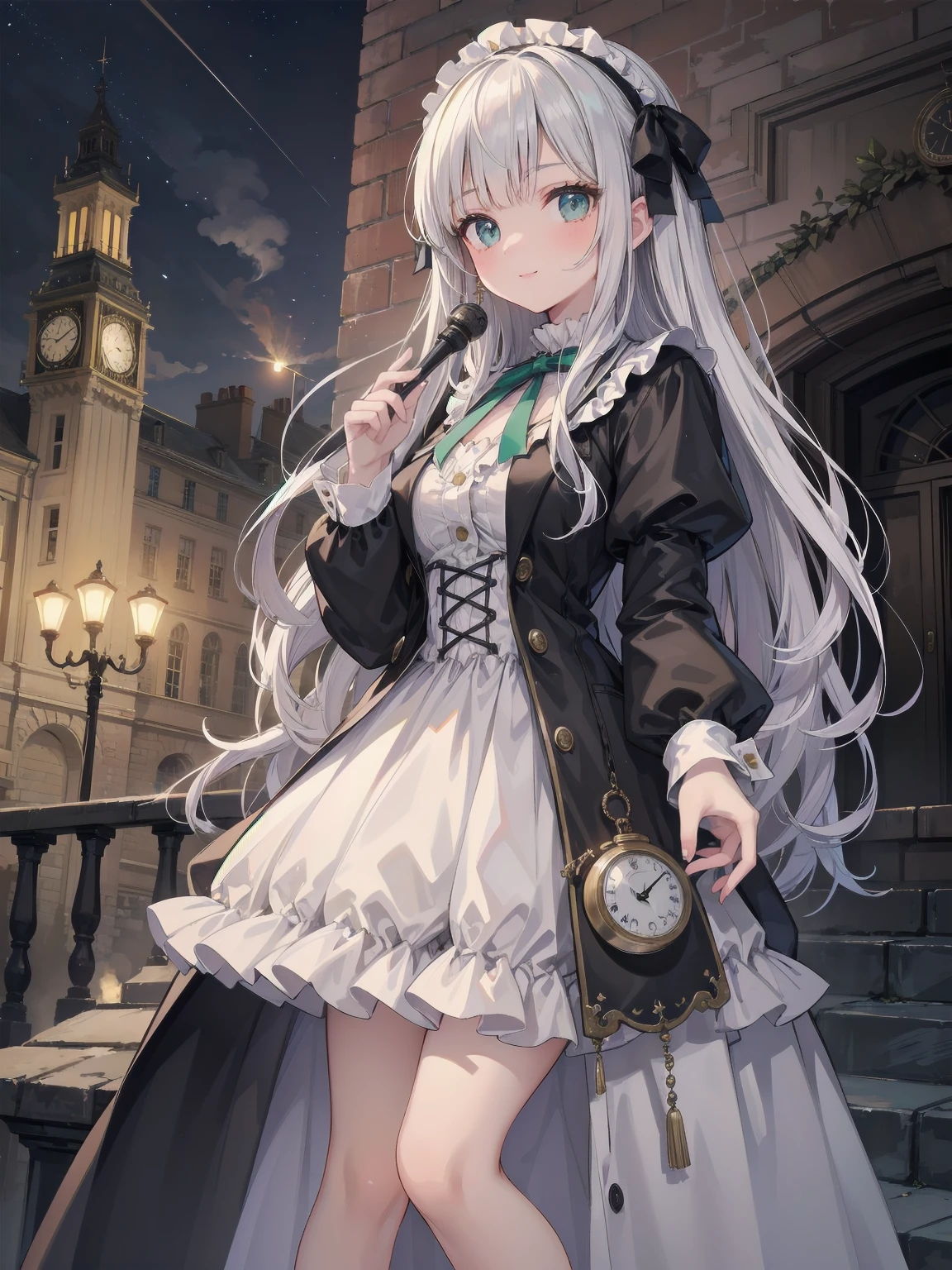 (Highest quality、16K、masterpiece、Ultra-high resolution、Victorian era、Photorealistic:1.2)、A delicate Lolita girl, aged 13, stands on a castle balcony at dusk, surrounded by the city's skyline and steampunk contraptions. Her platinum hair is messy, framing her androgynous charm. She wears a flowing white dress with a light green tie and holds a pocket watch in hand. A subtle smile plays on her lips as she gazes out at the night view, her eyes shining like sapphires. The air is filled with steam spewing from pipes, adding to the surreal atmosphere. Her skin glows with an ultra-dense texture, and her fingers are full and detailed.
