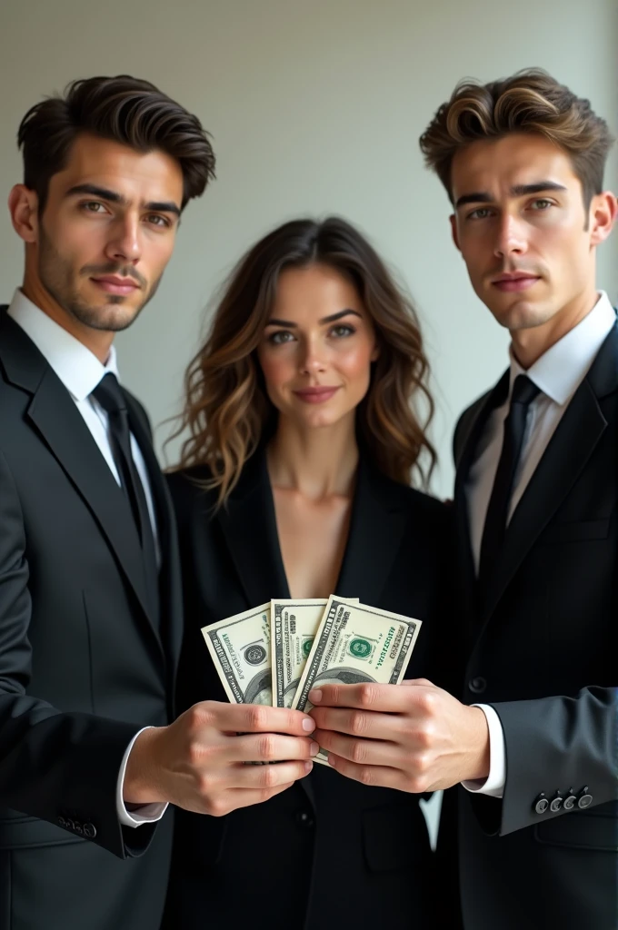 It generates two young men dressed in elegant suits and each one with money in their hands showing them as if they were cards and also generates a young lady preferably with white skin, curly and average-sized hair, said lady dressed in a black suit and located between the two men 