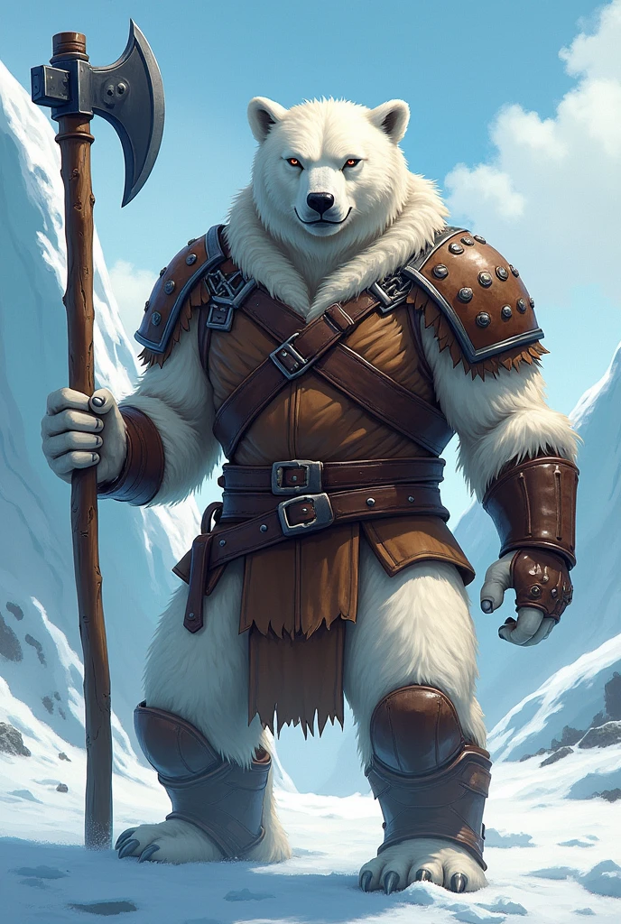 Polar bear humanoid warrior with holding a battle ax wearing leather armor that covers his body with a glacier background in anime style in battle pose