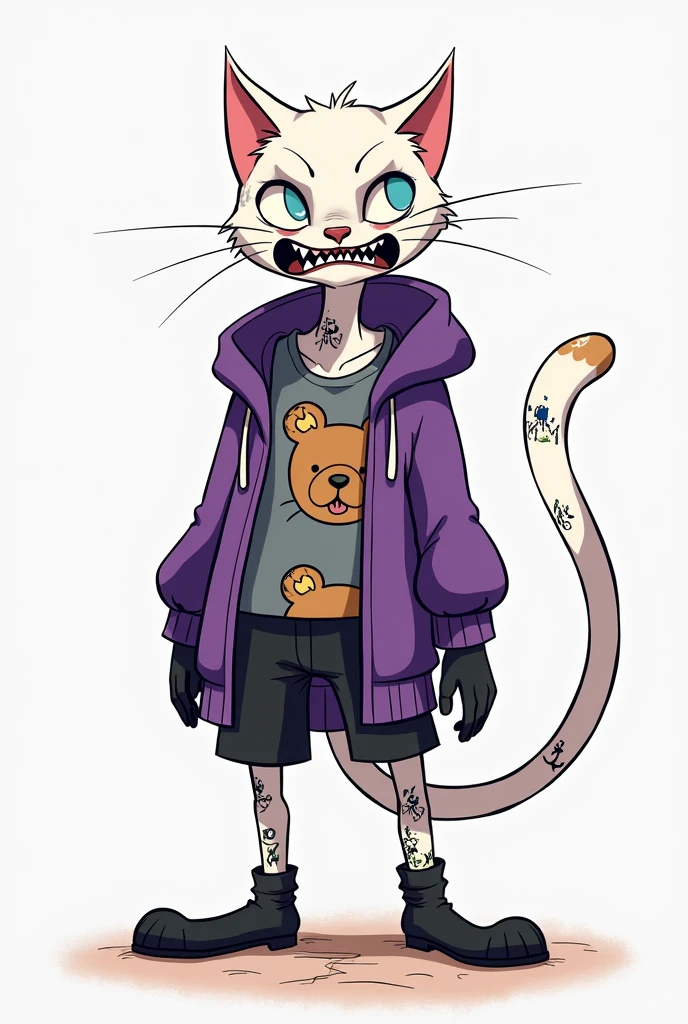 create a skinny male white humanoid cat, with a scar on her face, wearing an open purple sweatshirt and a gray t-shirt, with teddy bear print, black gloves, A pair of black shorts, light blue eyes with an angry expression, crazy face, he has some tattoos on his body, O estilo de arte deve ser o estilo Cartoon Adventure Time