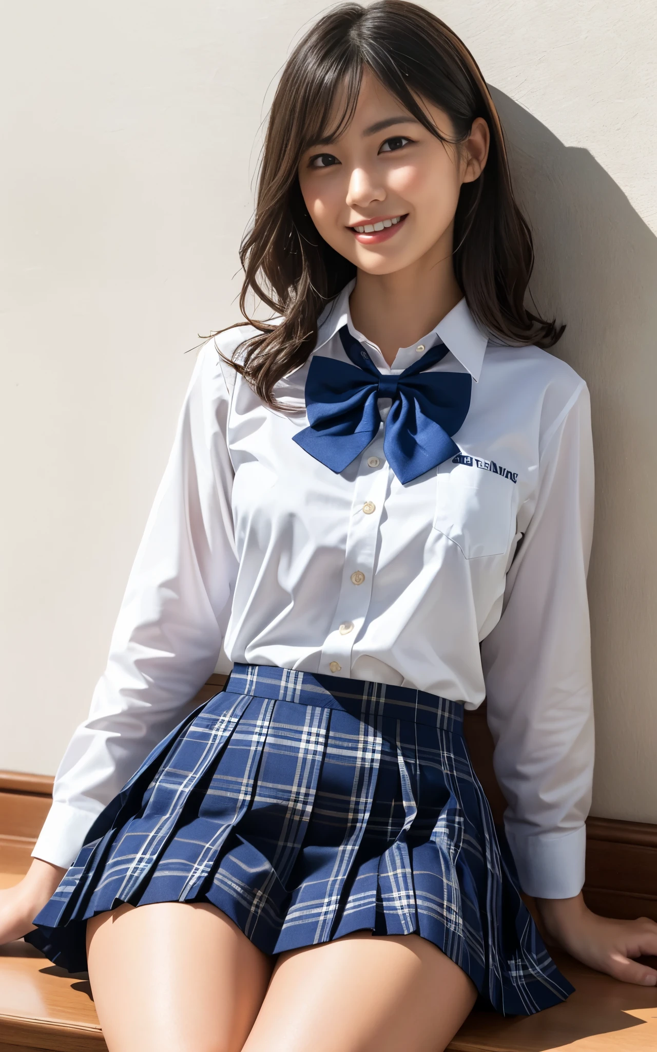 ((Brown Skin, Mature)), (Japan School uniform, bow-tie, Navy blue one-piece plaid skirt, Student white callored shirt:1.3), whole body:1.3, hightquality, ultra high resolution, (Photorealsitic:1.4), Japanese, (Beautiful:1.1), (20 year old:1.3), (photorealistic photos:1.2), in 8K, (solo, one person:1.5), A smile, Behind the photo, Bangs straight, A big smile, wavy hair, Thick thighs,Sitting, Urban area,