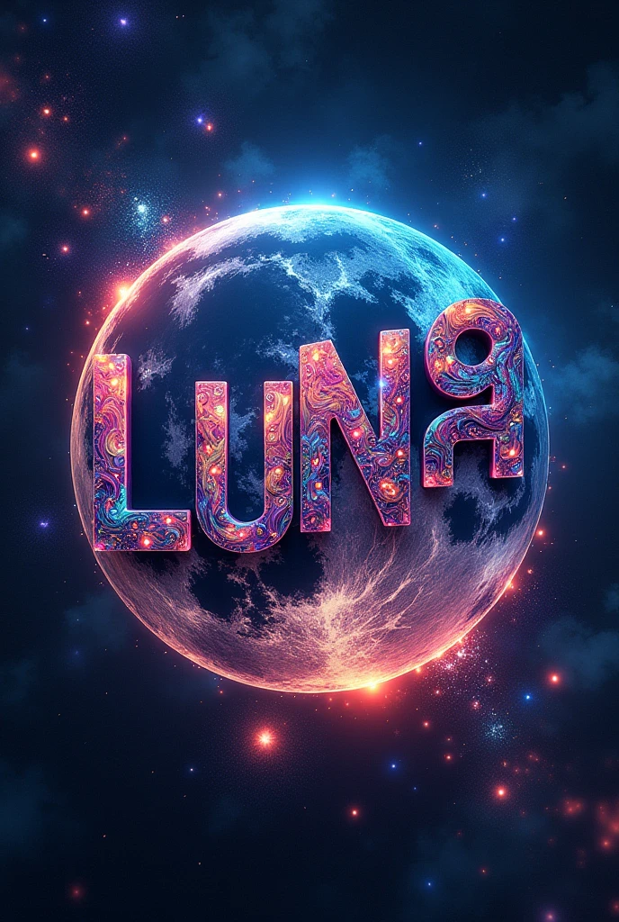 Write Moon (in Spanish) in 4D with colorful letters 

