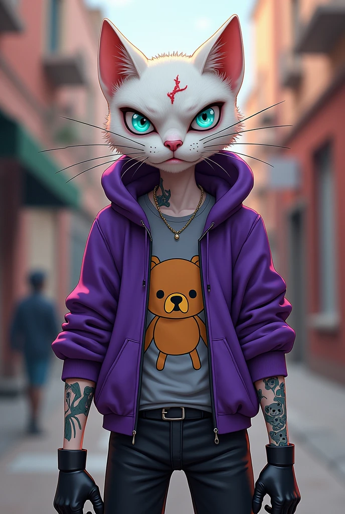 create a skinny male white humanoid cat, with a scar on his face, wearing an open purple sweatshirt and a gray t-shirt, with teddy bear print, black gloves, a black shorts, light blue eyes with an angry expression, crazy face, he has some tattoos on his body, The art style should be Cartoon Adventure Time style
