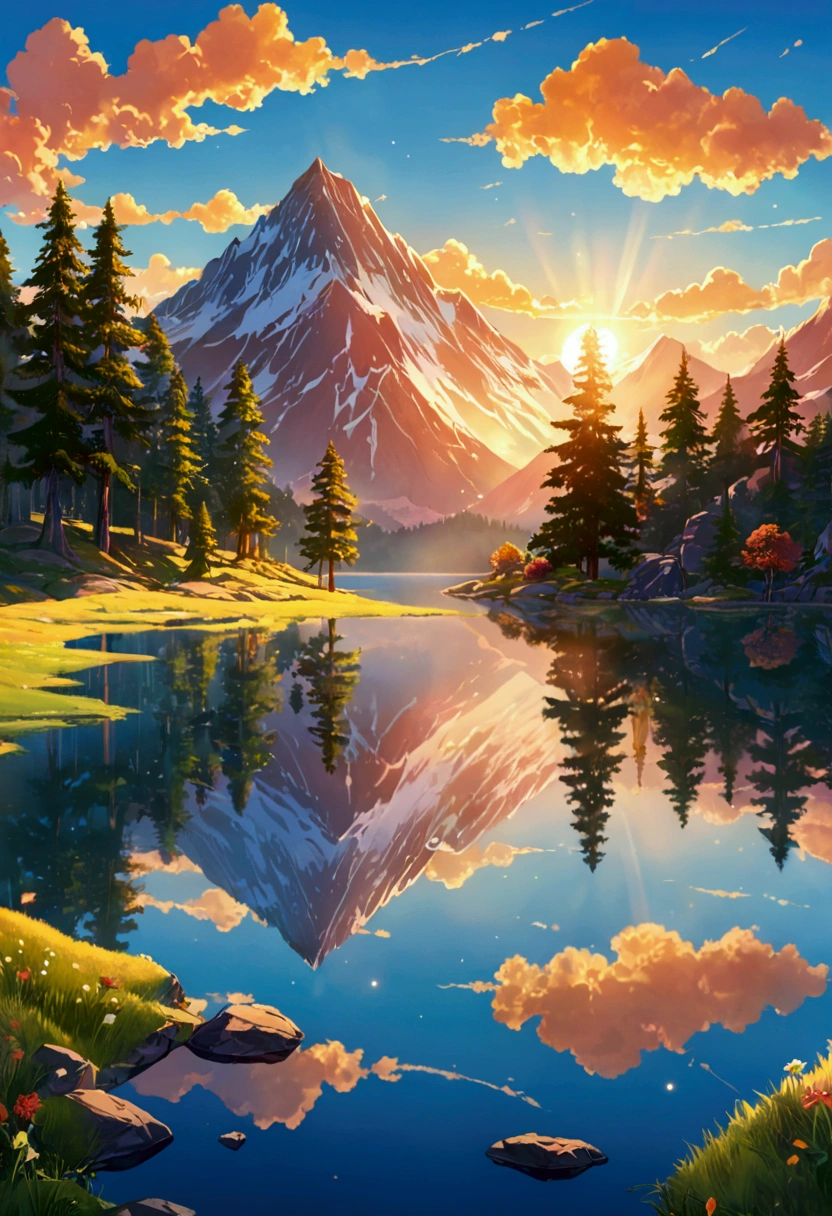 1 girl, Happy expression, Attractive eyes, Straight Long Hair, Flowing skirt, big, Gaze at the sun, Calm posture, Porcelain-like skin, A faint blush, Crystal Pendant BREAK Golden Hour, (Edge lighting): 1.2, Cool colors, Solar flare, Soft Shadows, Bright colors, Paint Effects, Great atmosphere Rest Beautiful lake, Distant Mountain々, pine tree, Summit, reflection, Sunlit clouds, Quiet atmosphere, Idyllic sunrise, Super detailed, Official Art, Unified 8k wallpaper, Tangled, Mandala