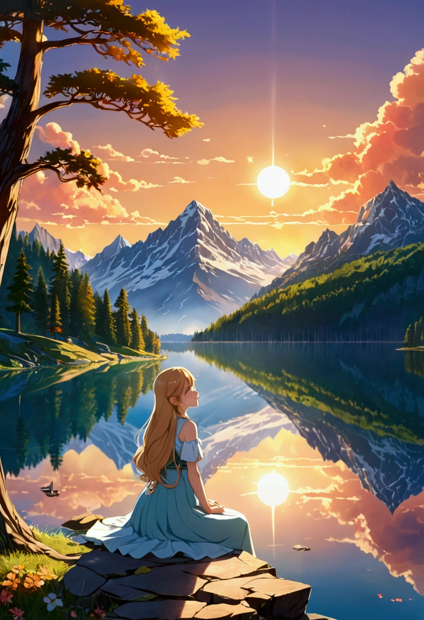 1 girl, Happy expression, Attractive eyes, Straight Long Hair, Flowing skirt, big, Gaze at the sun, Calm posture, Porcelain-like skin, A faint blush, Crystal Pendant BREAK Golden Hour, (Edge lighting): 1.2, Cool colors, Solar flare, Soft Shadows, Bright colors, Paint Effects, Great atmosphere Rest Beautiful lake, Distant Mountain々, pine tree, Summit, reflection, Sunlit clouds, Quiet atmosphere, Idyllic sunrise, Super detailed, Official Art, Unified 8k wallpaper, Tangled, Mandala