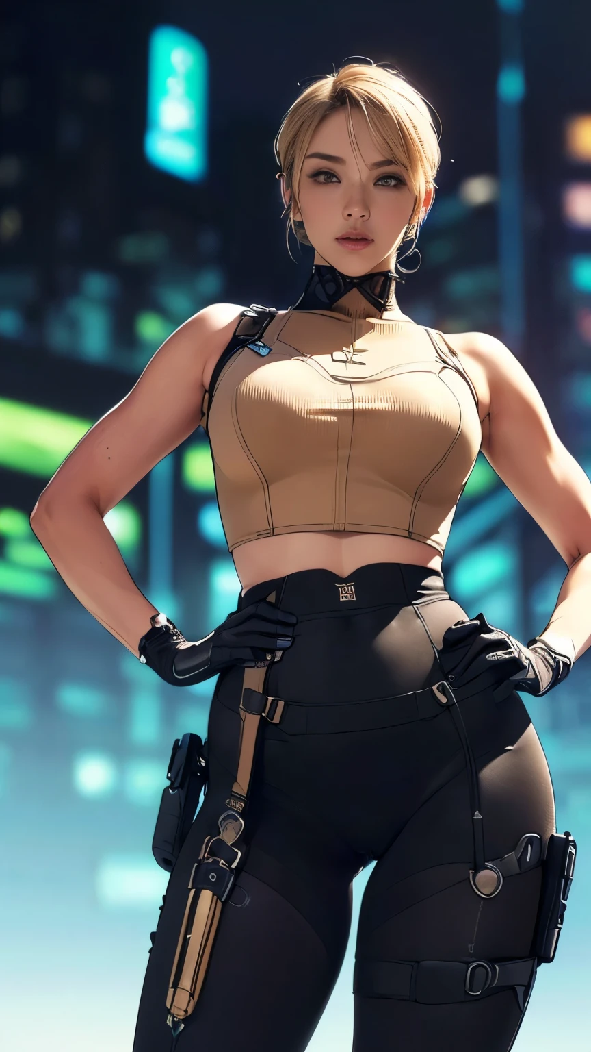 (A woman),(((Future female police officer standing))),((Black Tactical Tights:1.5)),((Camel toe:1.5)),((earphone:1.5)),((Tactical Holster:1.5)),(Gloves:1.5),(((Hands on hips:1.5))),(front:1.5),(From below:1.2),(Super short hair:1.5),(Blonde:1.5),(beautiful eyes:1.3),(Very detailedな顔:1.5),((Very detailedな女性の手の描画:1.5)),((muscular:1.5)),(Sexy look:1.5),((Thick thighs:1.5)),(Beautiful Body:1.5),((Very sensual:1.5)),(The backdrop is a futuristic city:1.5),(Cyberpunk atmosphere:1.5),(((Blurred background:1.5))),(Written border depth:1.5),rest(((masterpiece:1.5),(best quality:1.5),(Very detailed:1.5),(high resolution:1.5),(Practical:1.5),(Practical:1.5),(Delicate depiction),(carefully drawn))),8K,wallpaper