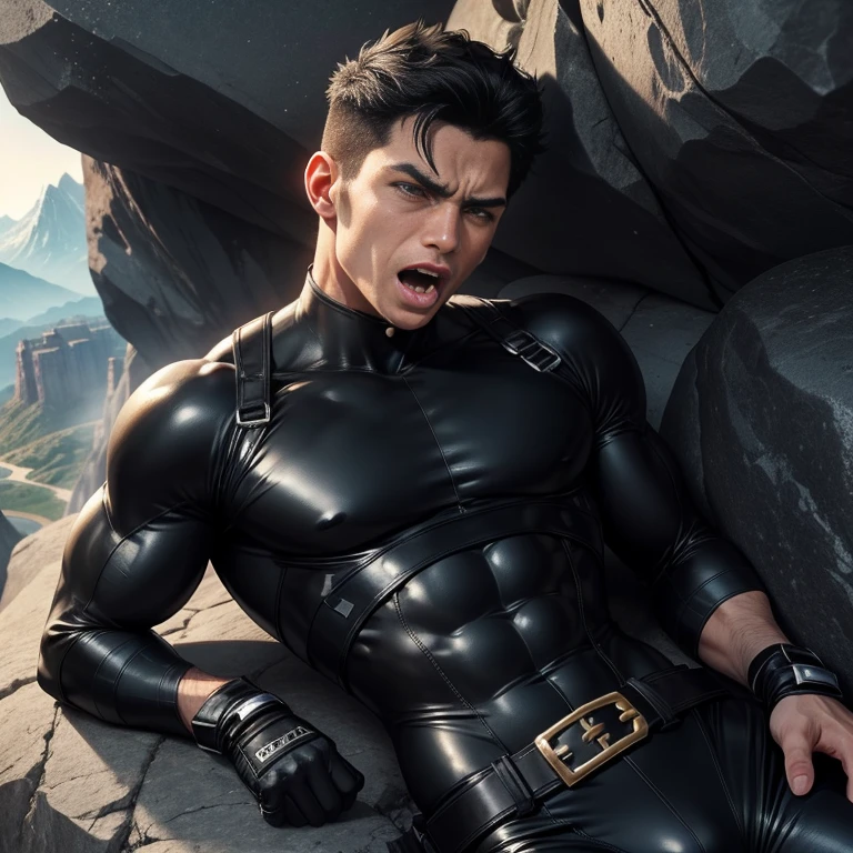 40 years old,One Man,、Black bodysuit、Shocker Belt、Black gloves、Cliff in the mountains、Lying on my back in a rock groove logic,Gay ,Black Hair、Short Hair。かなり短いShort Hair、The crotch area is bulging、Handsome Fighter View from above。 Screaming with tongue out Painful face