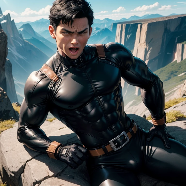 40 years old,One Man,、Black bodysuit、Shocker Belt、Black gloves、Cliff in the mountains、Lying on my back in a rock groove logic,Gay ,Black Hair、Short Hair。かなり短いShort Hair、The crotch area is bulging、Handsome Fighter View from above。 Screaming with tongue out Painful face