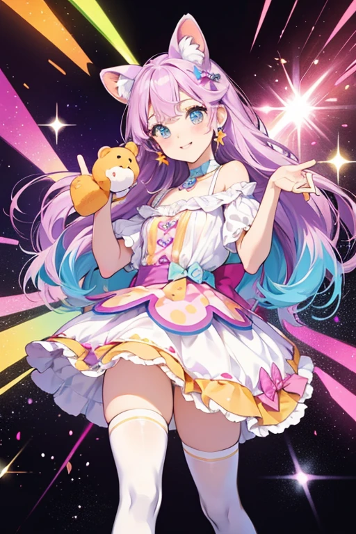 Alfalfa is a white girl bear with sprinkle-shaped spots with the colors consisting of fuchsia, pink, orange, yellow, blue, and purple. her also have blue paws and blue ears. SPARKLE; GLITTER
