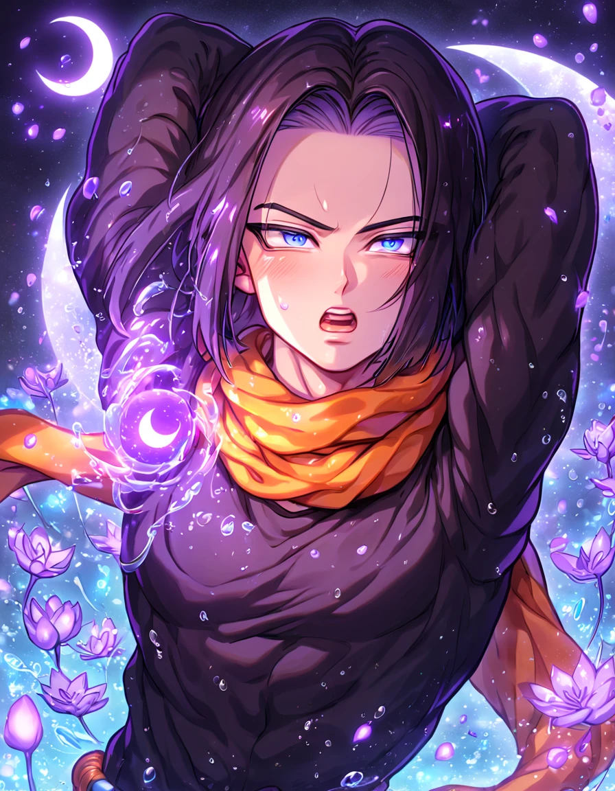 absurdres, highres, ultra detailed, HDR, master piece, Android 17, black hair, expressive blue eyes, orange scarf, black shirt, black gloves, Dragon Ball Z, sexy man, handsome, best quality, purple glittering crescent moon, purple flowers, fantasy, magical, solo, water, purple shining fireflies, purple petals, sensual, horny, purple fire,