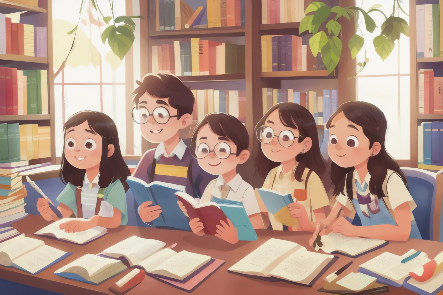 closeup, a portrait of students, library in the background