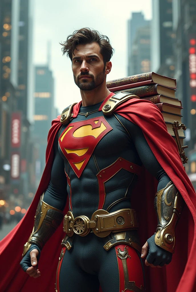 A character dressed as a superhero with a suit full of books and brains instead of a cape