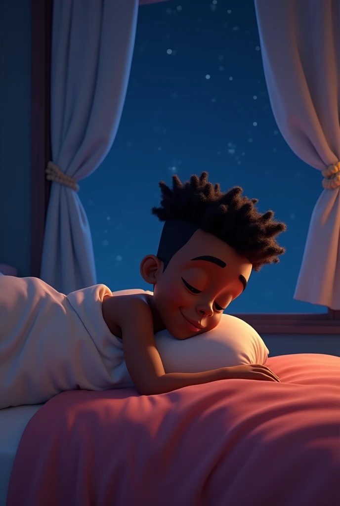 black boyty, lying in the bed, waking up (((disney pixar Cartoon)))