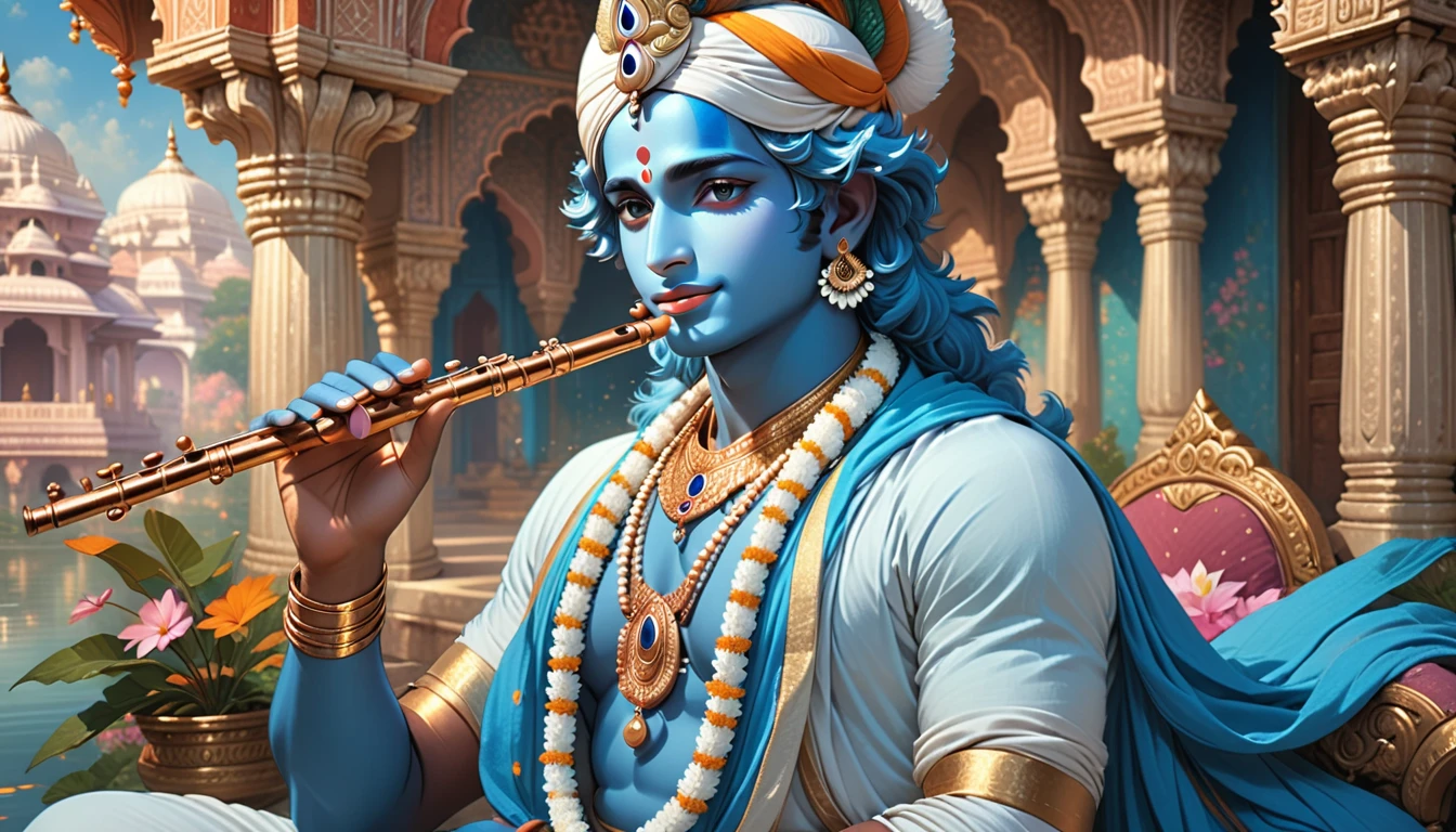 Lord Krishna in Vrindavan, handsome male with flute in his hand, blue skin tone