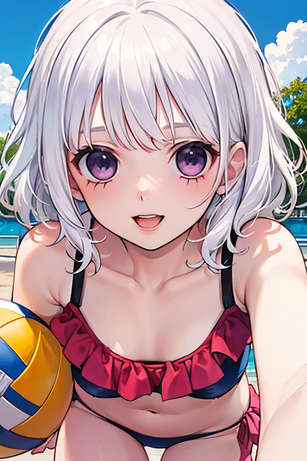 beautiful cute Lady,((white hair:1.2)),(short perm hair:1.1),(pinkpurple eyes:1.2),(frill Bikini swimsuit:1.2),((denim rash guard:1.0)),((lace:1.2)),((ecstatic face:1.1)), (Playing beach volleyball:1.15),(leisure seat:1.1),(park play equipment:1.1),open your mouth,smile,(close-up Face:1.1).