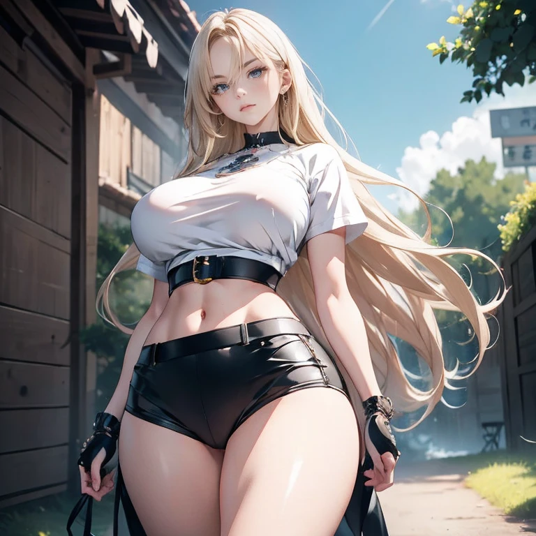 Anime Kawaii sexy Perfect Slim sensual body large breast and huge thighs, An intricate and highly detailed illustration of anime (Young girl) work of art, best qualityer, 1 girl, standing alone, grown-up, hair blonde, long hair, aretes, pink eyes, face detailed, white top, breasts big, Shorts, Arm belt, in front of the viewer, blank stare, 