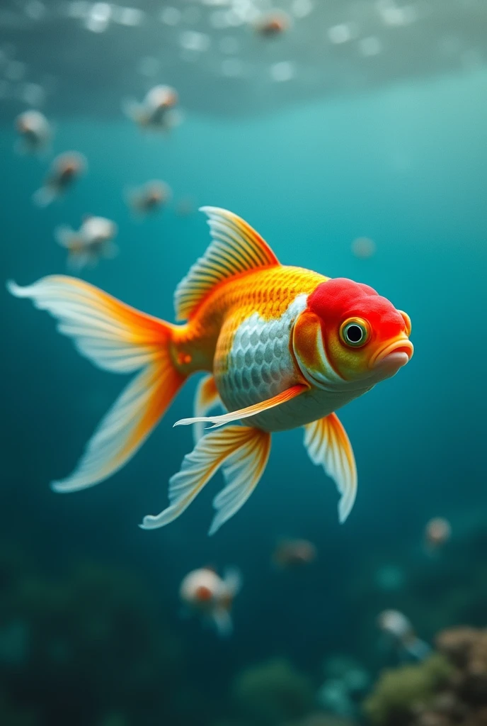 A goldfish with a white spot finds some plastic bags floating in the sea